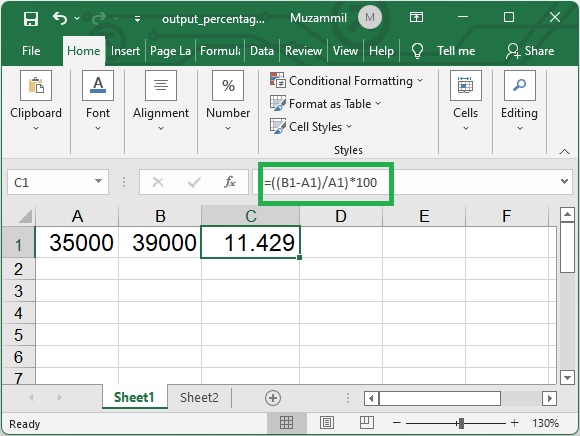 صيغة النسبة المئوية في Excel باستخدام C #