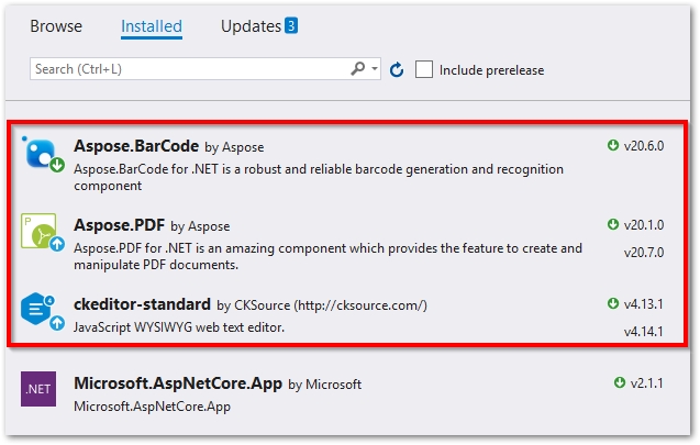 إضافة Aspose .NET PDF وواجهات برمجة تطبيقات الباركود