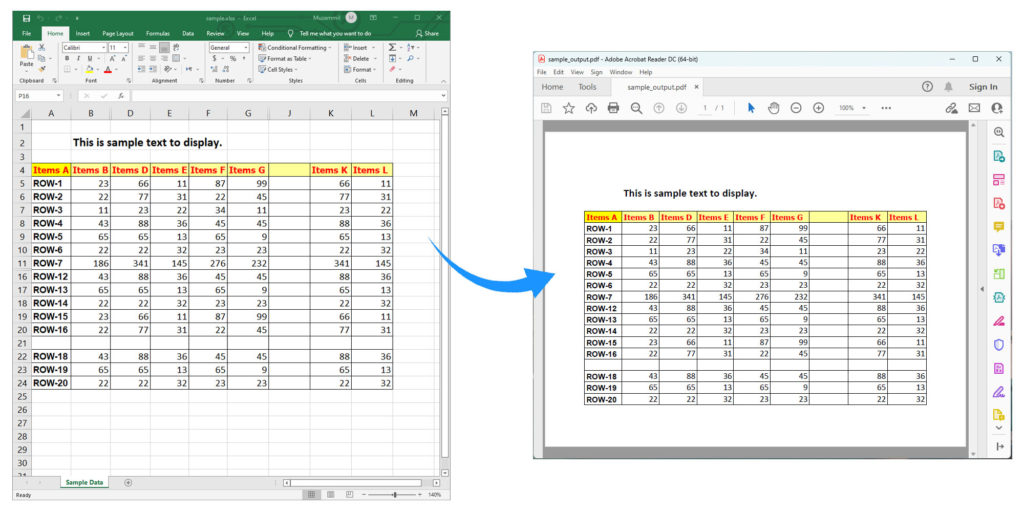 عرض بيانات Excel في PDF باستخدام C #.