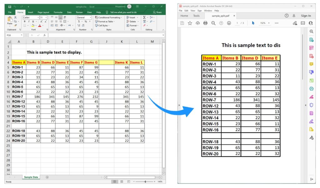 قسّم ورقة عمل Excel حسب الصفوف والأعمدة