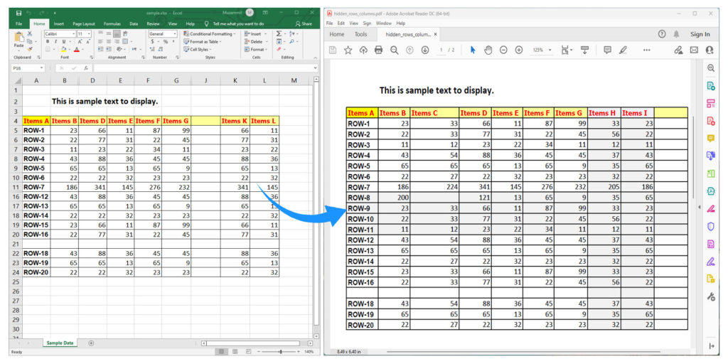 Rendering di righe e colonne nascoste di Excel.