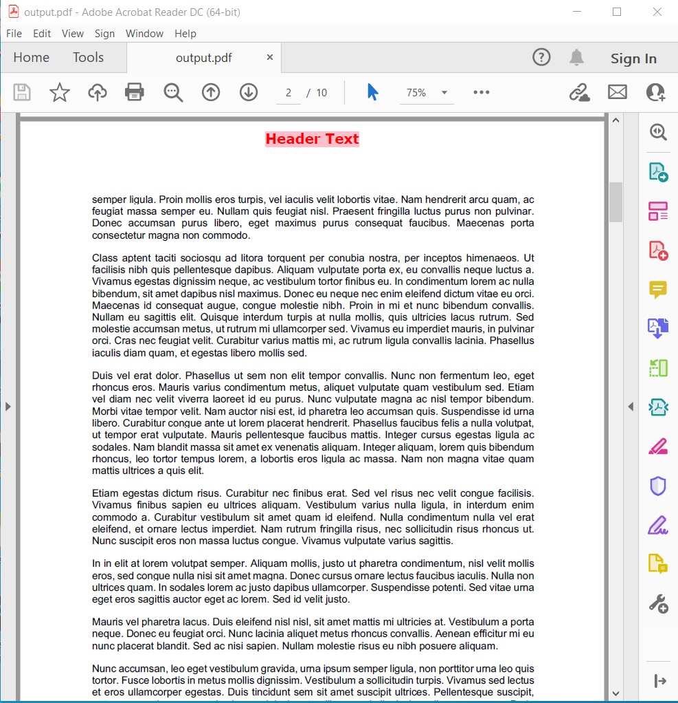 Добавить текст в заголовок PDF с помощью C#.